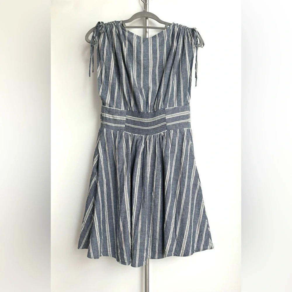 Free People Linen ‘Roll the Dice’ Striped Fit Flare Plunge Neck Flare Mini Dress